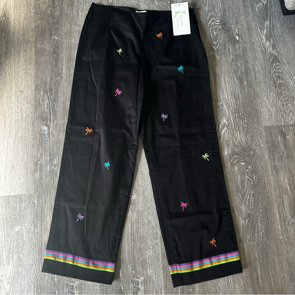 Bamboo Traders Black Pants with Colorful Palm Tree Embroidery Size 6 NWT
